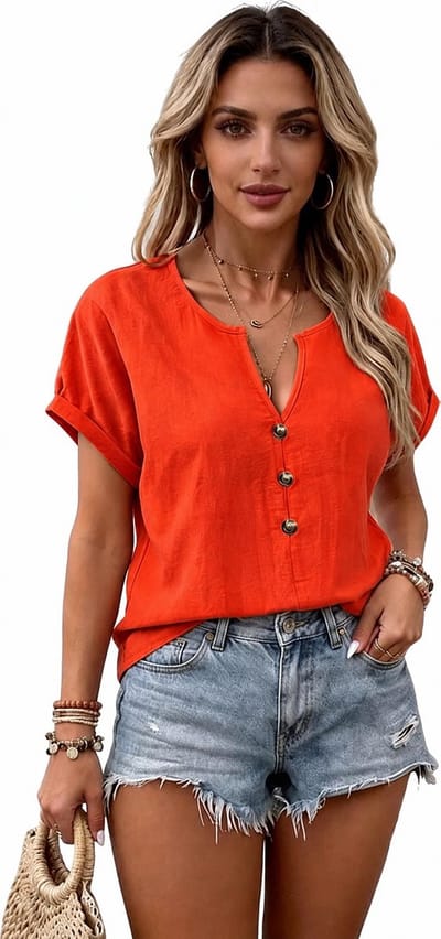 Oranje Dames T-shirt met V-Hals - Blouse - Mode - Zomer - Knopen