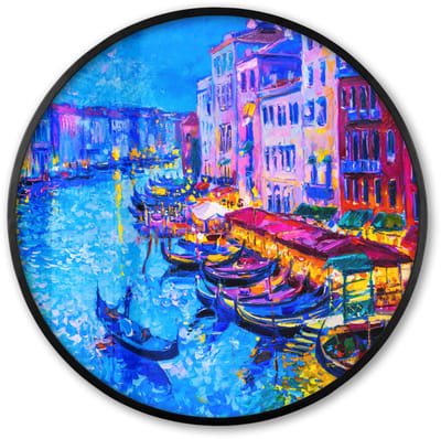 Poster in lijst Rond - Fotolijst 60x60 cm - Posters - Schilderij - Italië - Boot - Water - Architectuur - Ronde posterlijst zwart - Decoratie - Wanddecoratie woonkamer - Muurdecoratie slaapkamer