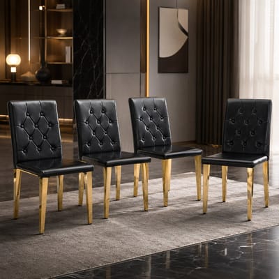Eetkamerstoelen Set Van 4 - Eetkamerstoel - Eetkamerstoelen - Ergonomisch - Gewatteerde zitting - PU - Metalen stoelpoten - Modern Design - Zwart, goud