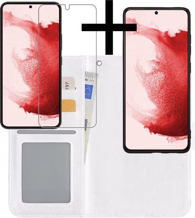 Hoesje - 2 in 1 - Geschikt voor Samsung Galaxy S22 - Met Screenprotector - En Uitneembare Hard Cover - Bookcase - Wallet Case - Met Pasjeshouder - Book Case - Uitneembaar - Pashouder - Kunstleer - Wit