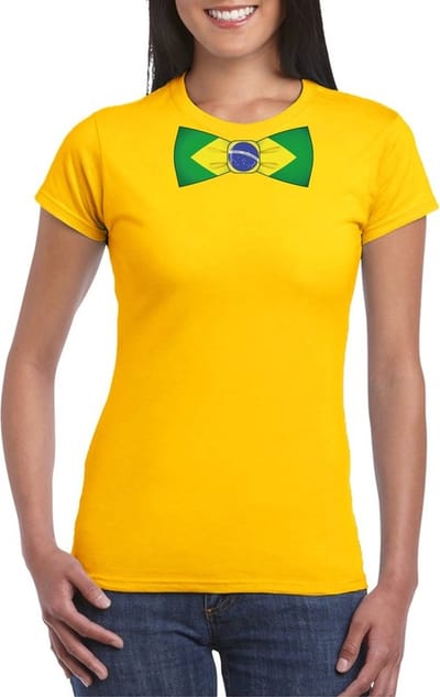 Geel t-shirt met Braziliaanse vlag strikje dames - Brazilie supporter S