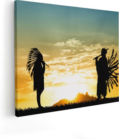 Artaza Canvas Schilderij Zonsondergang - 50x40 cm - Wanddecoratie Indianen - Muurdecoratie Silhouet - Kamer Accessoires Natuur