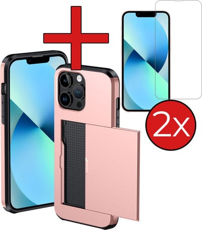 Hoesje Geschikt voor iPhone 14 Pro Max Hoesje Met Pasjeshouder Hard Case Met Kaarthouder Met 2x Screenprotector - Hoes Geschikt voor iPhone 14 Pro Max Hoesje Pashouder Case - Rosé goud