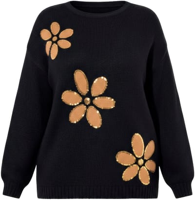 MIAMODA - Dames - Trui loose fit paillettenbloemen lange ballonmouw - Zwart - Maat 46+
