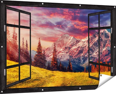 Gards Tuinposter Doorkijk Alpen Landschap met een Kleurrijke Hemel - 150x100 cm - Tuindoek - Tuindecoratie - Wanddecoratie buiten - Tuinschilderij