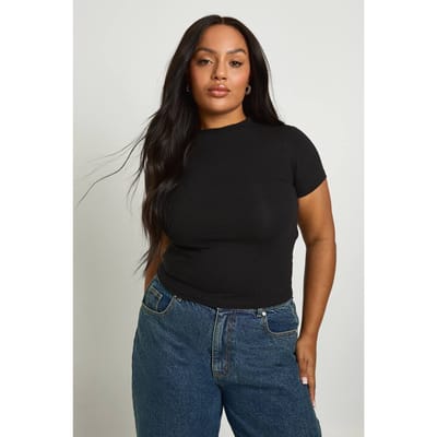boohoo Dames Plus korte mouw longline getailleerde top | Zwart | Maat: 44