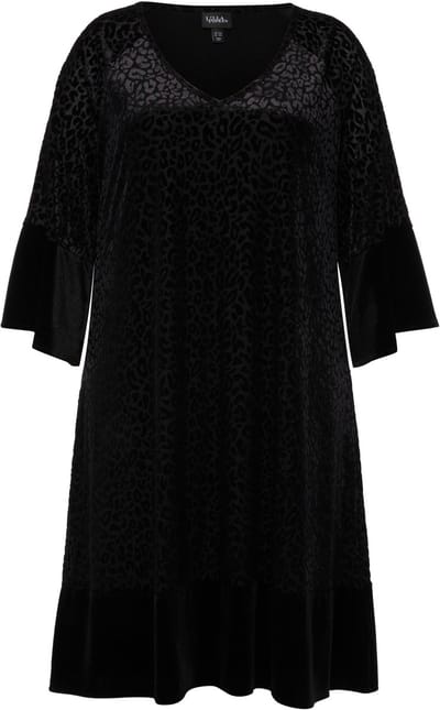 Ulla Popken - Dames - Midi-jurk leo patroon A-lijn ronde hals 3/4-mouw - Zwart - Maat 46+