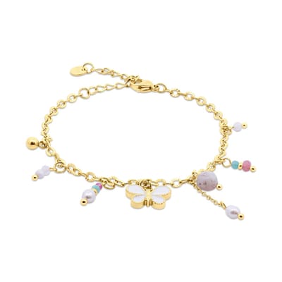 CO88 Collection - 8CB-91347 - schakelarmband vrouwen met parels, roze kralen en bedels - goudkleurig