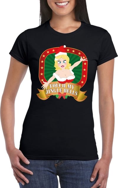Foute kerst t-shirt zwart Touch my jingle bells voor dames - Foute kerst shirts S