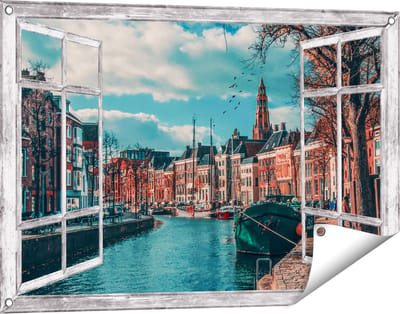 Gards Tuinposter Doorkijk Gracht in Groningen - 90x60 cm - Tuindoek - Tuindecoratie - Wanddecoratie buiten - Tuinschilderij