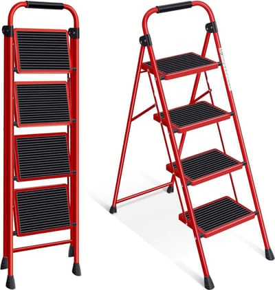 Huishoudtrap 4 Treden - Keukentrapje Basic Inklapbaar – Keukentrap Anti-slip – Trapladder - Opstapje – Vouwladder Belastbaar tot 150 kg – Ladders – Keukentrap - Rood