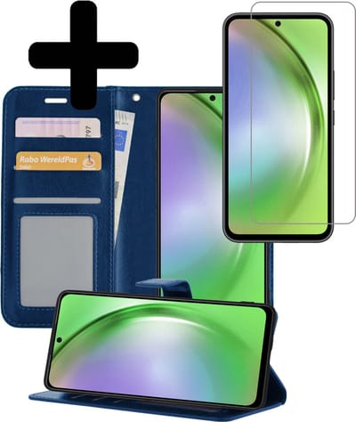 Hoesje - Met Screenprotector - Geschikt voor Samsung Galaxy A54 - Luxe Pasjeshouder - Bookcase Portemonee - Flip Case - Kunstleer Book Case - Flipcase - Book Cover - Walletcase - Portemonneehoes - Telefoonhoesjes - Donkerblauw