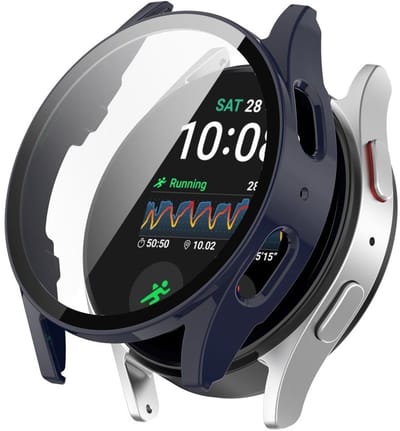 Strap-it Hard case hoesje met screen protector van glas - geschikt voor de Samsung Galaxy Watch 7 - 44mm (donkerblauw)
