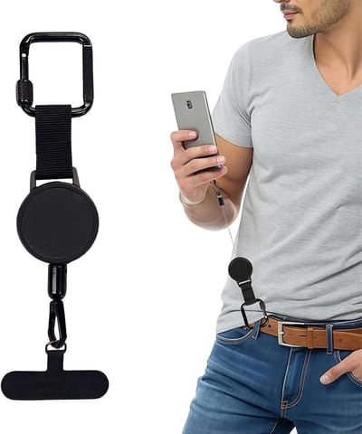 Intrekbare anti-diefstal omhangkoord voor smartphone met stalen kabel, karabijnhaak en metalen houder, 360 graden draaibaar, verlengbaar tot 60 cm, ideaal voor wandelen en reizen, zwart