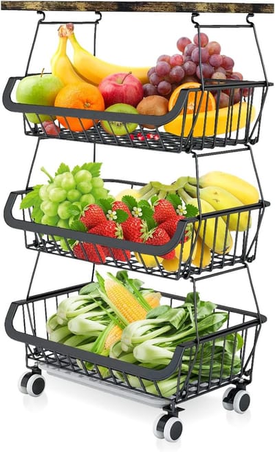 Fruitmand 2 etages met houten deksel en wandmontage, stapelbaar, 4 niveaus, 40 x 30 x 72 cm
