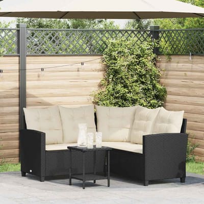 vidaXL - Tuinbank - met - tafel - en - kussens - L-vormig - zwart - polyrotan