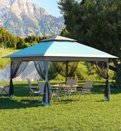 Partytent met Muggennet - 3.9x3.9m - Waterafstotend Pop-up Paviljoen met Zandzakken - UV-bescherming - Ventilatie - Voor Terras, Tuin, Camping en Grillen - Lichtblauw