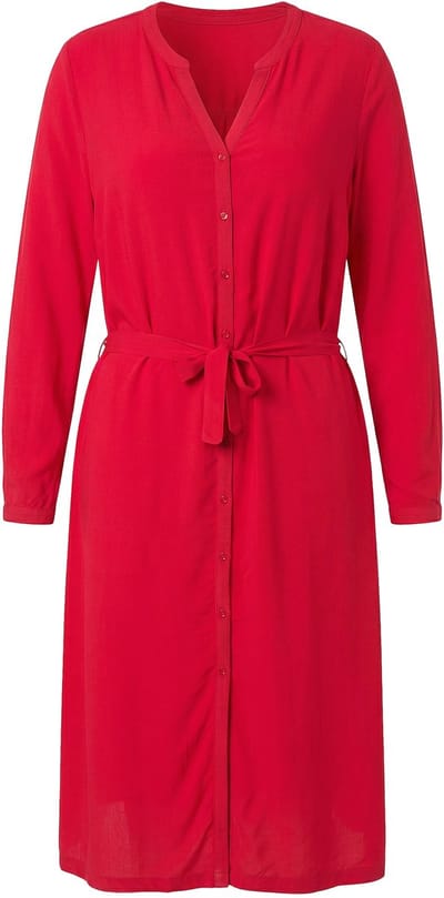 MIAMODA - Dames - Midi-jurk A-lijn strikceintuur knoopsluiting lange mouw - Rood - Maat 42