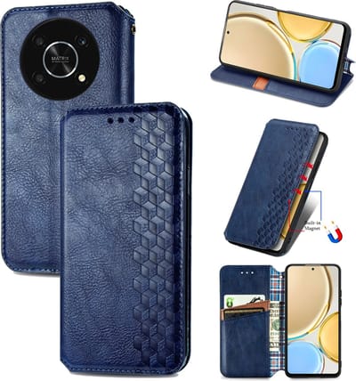 Luxe PU Lederen Ruitpatroon Wallet Case voor Honor Magic4 Lite _ Blauw
