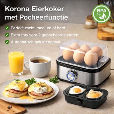 Korona Eierkoker voor 6 Eieren – RVS Eierkoker met Pocheerfunctie, Maatbeker en Timer - LED signaal