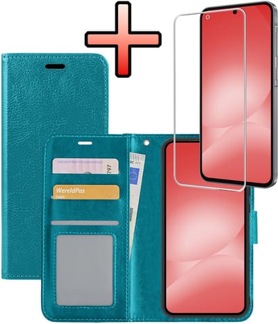 Hoesje - Met Screenprotector - Geschikt voor Samsung Galaxy A56 - Luxe Pasjeshouder - Bookcase Portemonee - Flip Case - Kunstleer Book Case - Flipcase - Book Cover - Walletcase - Portemonneehoes - Turquoise