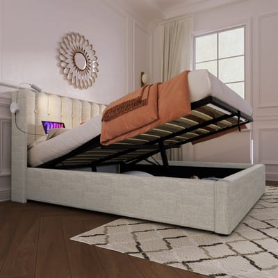 Wishdor Gestoffeerd Tweepersoonsbed 140x200 cm – Leeslamp en 2 USB – Gasveer Opbergruimte – Linnen – Naturel