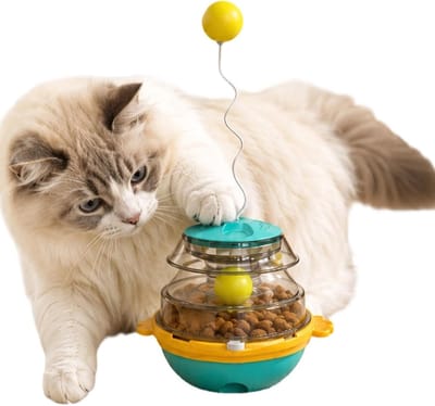 Kattenpuzzel Voederbal - Interactieve voerdispenser - Mentale stimulatie - Verstelbare voeruitgifte - 28 cm hoog - Zeeblauw