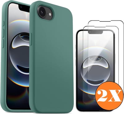 Hoesje geschikt voor iPhone 16e / iPhone 17e Hoesje siliconen Pine Groen zacht siliconen hoesje TPU - met Screenprotector iPhone 16e / iPhone 17e Gehard Glas - 2 stuks