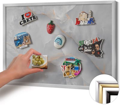 Wallfluent - Grijs Magneetbord met Ontwerpen - 60 cm x 40 cm - Magneetbord met Zilveren Frame - Elegant decoratief marmer - Magnetisch Bord Muurbevestiging - Magnetisch Wandbord - Memobord voor Keuken