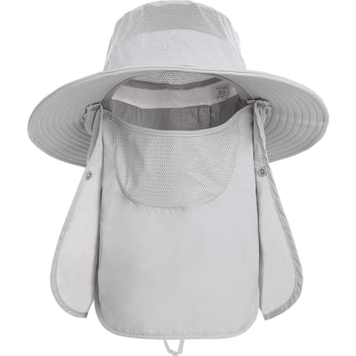 Chapeau de soleil à large bord avec rabat de cou amovible et couvre-visage pour hommes et femmes, casquette de pêche, chapeau de voyage en plein air gris clair
