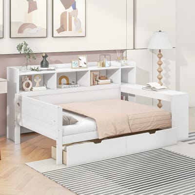MEUNIQ slaapbank 90 x 200 cm met bureau, 2 lades, opbergruimte, USB en stopcontact, eenpersoons daybed voor slaapkamer, wit