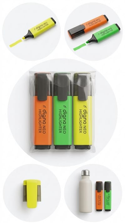 Digno Neo Neon Markeerstiften – Set van 4 Kleuren (Oranje, Geel, Groen & Roze) – Brede Beitelpunt voor Kantoor, School en Thuis Met Kajal Sticker