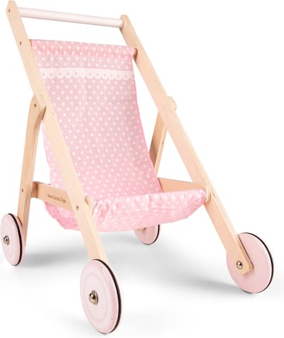 Woet® Houten Poppenwagen - Roze Speelgoed Poppenbuggy met Stippen - Duwhoogte 50 cm - Rollenspel Poppenaccessoire - Vanaf 3 Jaar