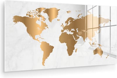 ® Glasschilderij 120x60 cm - Schilderij acrylglas - Wereldkaart - Goud - Marmerlook - Luxe - Design - Foto op glas - Muurdecoratie woonkamer - Wanddecoratie slaapkamer - Schilderijen