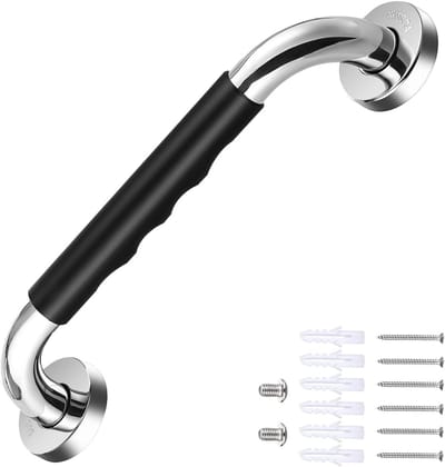 Roestvrijstalen siliconen leuningen - Siliconen leuning - Wandmontage veiligheidshulpmiddel voor ouderen - Zwart/Chroom - 30 cm - Toiletleuningen - Antisliphandgrepen voor bad, douche, badkamer, toilet