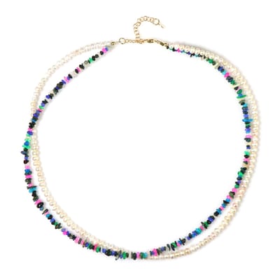 Cavill - Zilveren dubbele ketting met 24.624 ct Ethiopische Opalen en witte Zoetwaterparels - verstelbaar 45-50 cm - kleurrijk, modern sieraad dames
