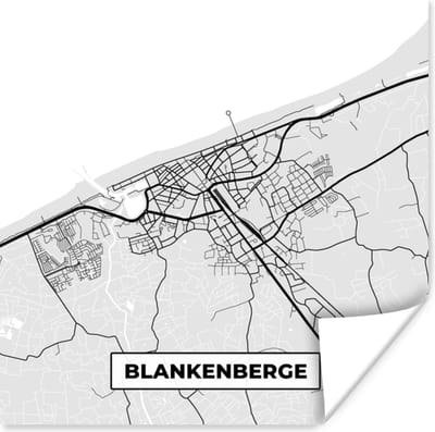 Poster Kaart – Plattegrond – Stadskaart – Blankenberge – België – Zwart Wit - 100x100 cm XXL