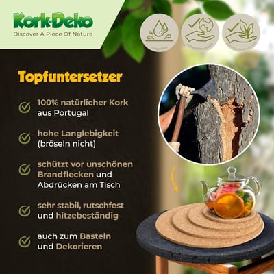 Kurk onderzetters - Decoratieve coasters - Tafel beschermen - Hittebestendig antislip - 20 cm rond - Natuurlijk
