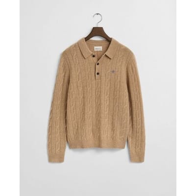 Gant Trui Lambswool Cable Polo Collar Pullover Khaki Melange / male