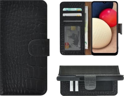 Hoesje Geschikt voor Samsung Galaxy A03s - Bookcase - A03s Hoesje Book Case Portemonnee Wallet Echt Leder Croco Zwart Cover