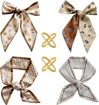 Set van 4 dunne sjaals voor dames met 2 gouden ringen, veelzijdige satijnen sjaal voor nek, haar en tas, maat 63 x 6 cm, trendy en elegant accessoire voor elke gelegenheid