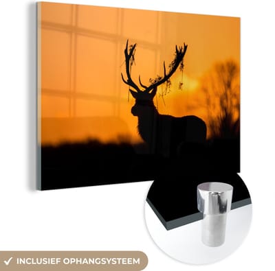 MuchoWow® Glasschilderij 60x40 cm - Schilderij acrylglas - Hert - Oranje - Silhouet - Dieren - Natuur - Foto op glas - Schilderijen