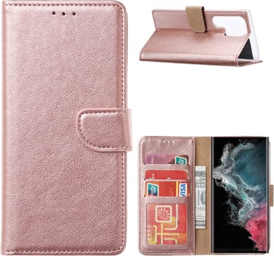 Hoesje Geschikt Voor Samsung Galaxy S23 Ultra Hoesje met Pasjeshouder – Bookcase – Rosegoud