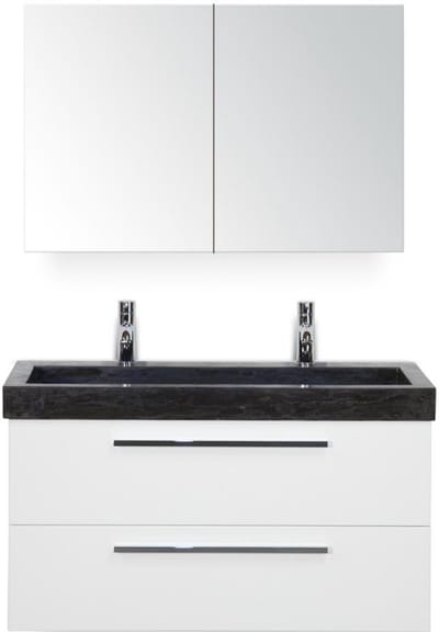 Seville Badmeubelset 100 cm - Wit Hoogglans - Wastafel Hardsteen Wit Lucca 2 Kraangaten met Spiegelkast