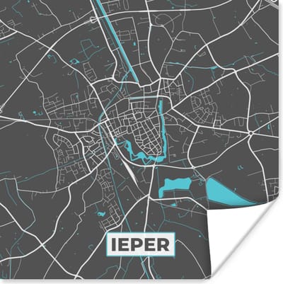 Poster Stadskaart – Grijs - Kaart – Ieper – België – Plattegrond - 100x100 cm XXL