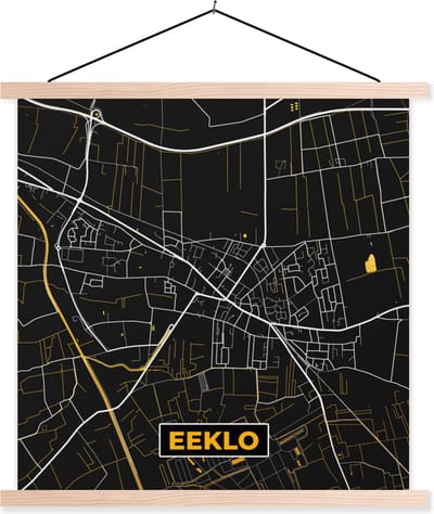 Posterhanger incl. Poster 40x40 cm - Schoolplaat - Stadskaart - Eeklo - Goud - Kaart - Plattegrond - Textielposter - Blanke latten - Stadskaart