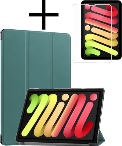 Hoes - Geschikt voor Apple iPad Mini 7 (2024) - 8.3 inch - 7e Generatie - Met Screenprotector - Trifold Bookcase - Hard Cover - Hardcover Book Case - Tablet Hoesje - Donkergroen