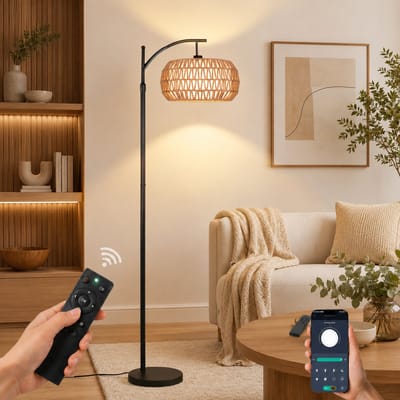 MUPOO Boho Rotan Vloerlamp - staande lampen Woonkamer -E27 leeslamp staand met Traploos Dimbaar& APP Afstandsbediening- 360° draaibare arm & Hoogte Verstelbaar 175cm- voor Slaapkamer Leeshoek