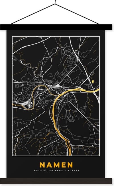 Posterhanger incl. Poster 40x60 cm - Schoolplaat - Kaart - Namen - Plattegrond - Goud - Stadskaart - Textielposter - Zwarte latten - Stadskaart
