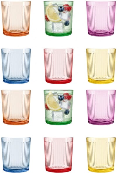 Vivalto Waterglazen/drinkglazen Summer Stripes - 12x stuks - glas - transparant/kleurenmix - 360 ml